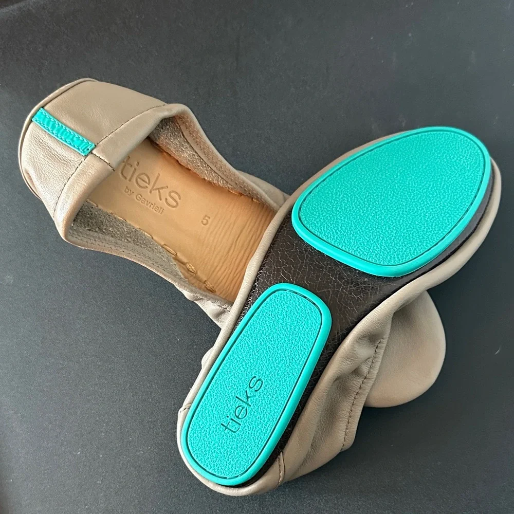 Tieks Beige Flats with Vibrant Teal Soles - Picture 3 of 3